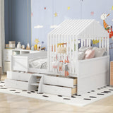 Full Size House Low Loft Bed with Four Drawers,White