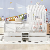 Full Size House Low Loft Bed with Four Drawers,White