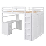 Full size Loft Bed with Drawers,Desk,and Wardrobe-White