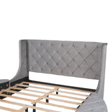 Upholstered Platform Bed Queen Size Storage Velvet Bed with Wingback Headboard and 1 Big Drawer,2 Side Storage Stool(Gray)