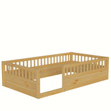 Twin Floor Bed Frame with Fence, Wood Kids Floor Beds Frame for Bedroom Playroom,Natural(Expect arrive date Jun. 21st)