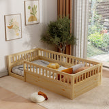 Twin Floor Bed Frame with Fence, Wood Kids Floor Beds Frame for Bedroom Playroom,Natural(Expect arrive date Jun. 21st)