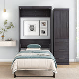 Twin Size Murphy Bed with Wardrobe and Drawers, Storage Bed, can be Folded into a Cabinet, Gray