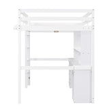 Full Size Loft Bed with Multi-storage Desk, LED light and Bedside Tray, Charging Station, White