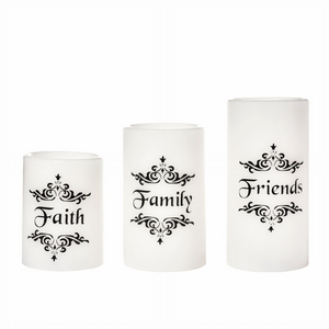 EcoGecko Set of 3 4", 5", 6" Real Wax Flameless LED Candles with Faith Family Friends Decal Battery Operated Inspirational Home Decor with 5 Hour Timer, Super Long Battery Life