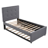 Linen Upholstered Platform Bed With Headboard and Trundle, Twin