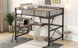 Full Size Loft Metal&MDF Bed with Desk and Shelf, Black