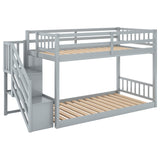 Twin-Over-Twin Floor Bunk Bed, Built-In Ladder with Storage, Stylish Gray Finish