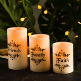 EcoGecko Set of 3 4", 5", 6" Real Wax Flameless LED Candles with Faith Family Friends Decal Battery Operated Inspirational Home Decor with 5 Hour Timer, Super Long Battery Life