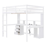 Full Size Loft Bed with Multi-storage Desk, LED light and Bedside Tray, Charging Station, White