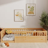 Twin Floor Bed Frame with Fence, Wood Kids Floor Beds Frame for Bedroom Playroom,Natural(Expect arrive date Jun. 21st)