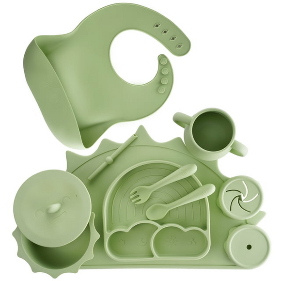 Baby Pastels - Baby Feeding Set - Baby Led Weaning Supplies - Silicone Suction Utensils/Cutlery/Dishes/Dinnerware for 6-36 Months - Bowl, Plate, Spoon Fork, Bib, Placemat, Cup 11 Pieces (Pastel Green)