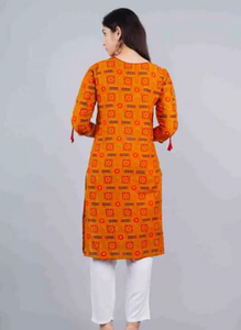 Women Printed Cotton Rayon Straight Kurta  (Orange)