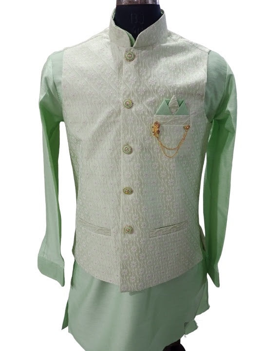 Light Green Nehru Jacket With Kurta, Size - 38