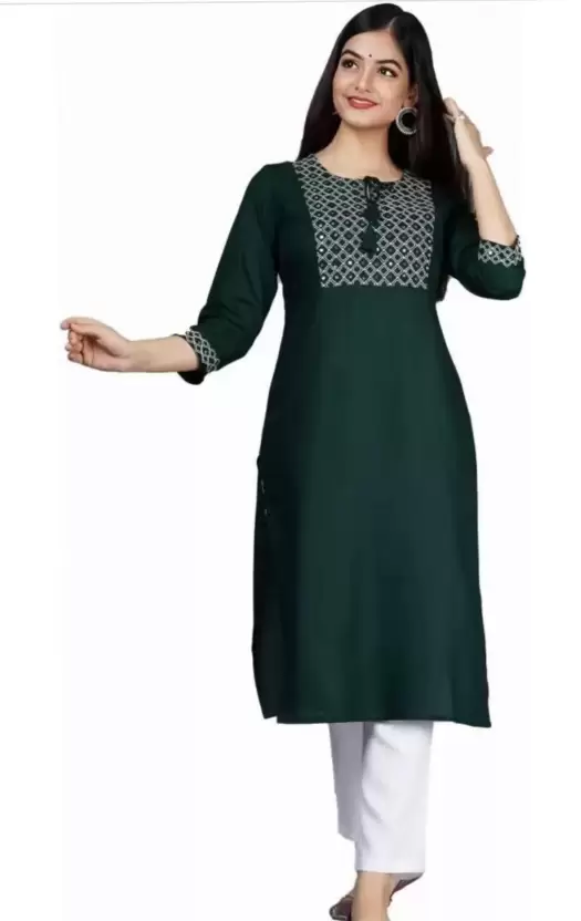 Women Embroidered Viscose Rayon Straight Kurta  (Green)