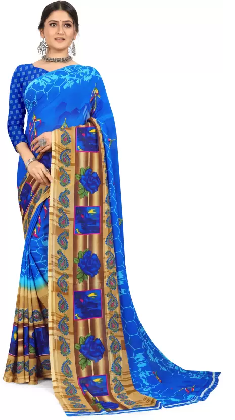 Printed Daily Wear Georgette Saree  (Blue, Brown)