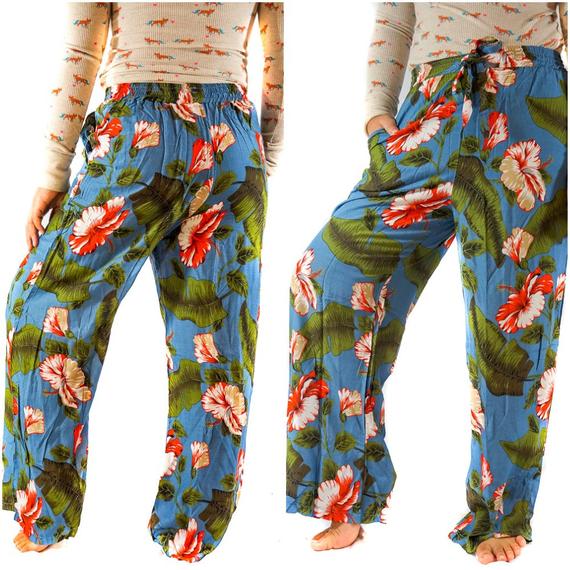 XS-M Leaf Print Pants Women Boho Pants Hippie