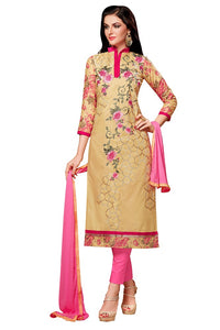 Beige Glaze Cotton Embroidered Party Wear Dress