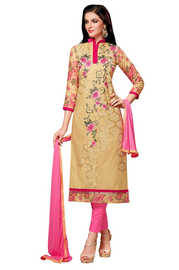 Beige Glaze Cotton Embroidered Party Wear Dress