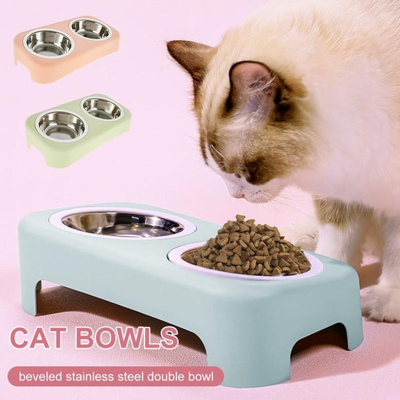 Cat Stainless Steel Bowls Pet Feeding Double Bowl Anti-skid Water Bowl