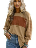 Round Neck Striped Long Sleeve Slit T-Shirt