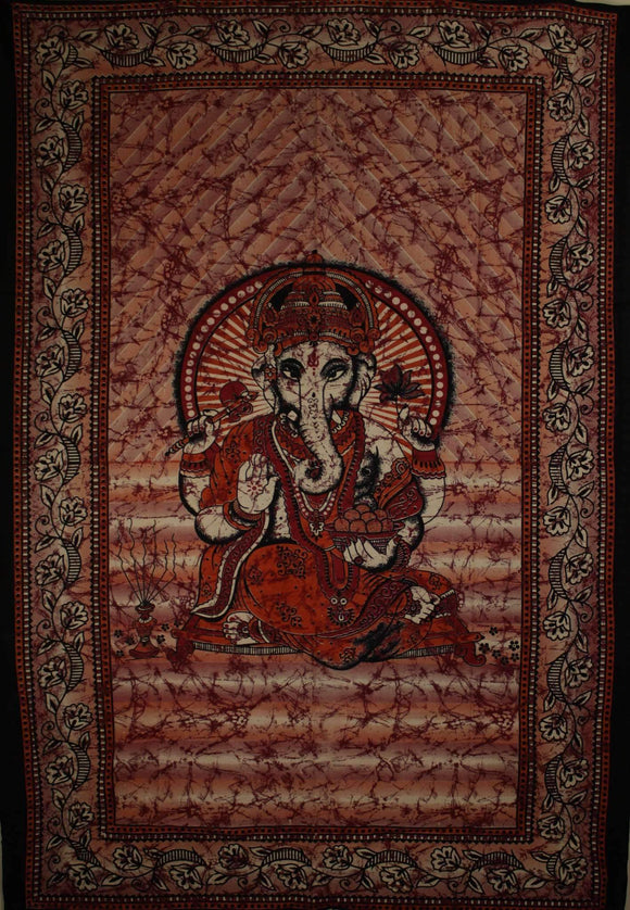 Red Ganesha Holding Lotus Flower In Batik Style Tie Dye Tapestry