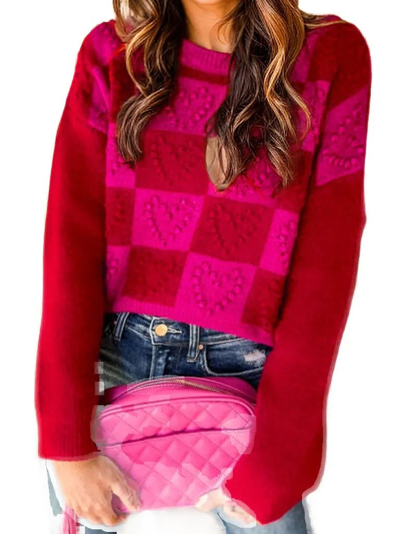 Plaid Heart Round Neck Sweater