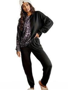 Leopard Round Neck Sweatshirt and Pants Lounge Set