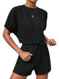 Waffle-Knit Round Neck T-Shirt and Pocketed Shorts Lounge Set