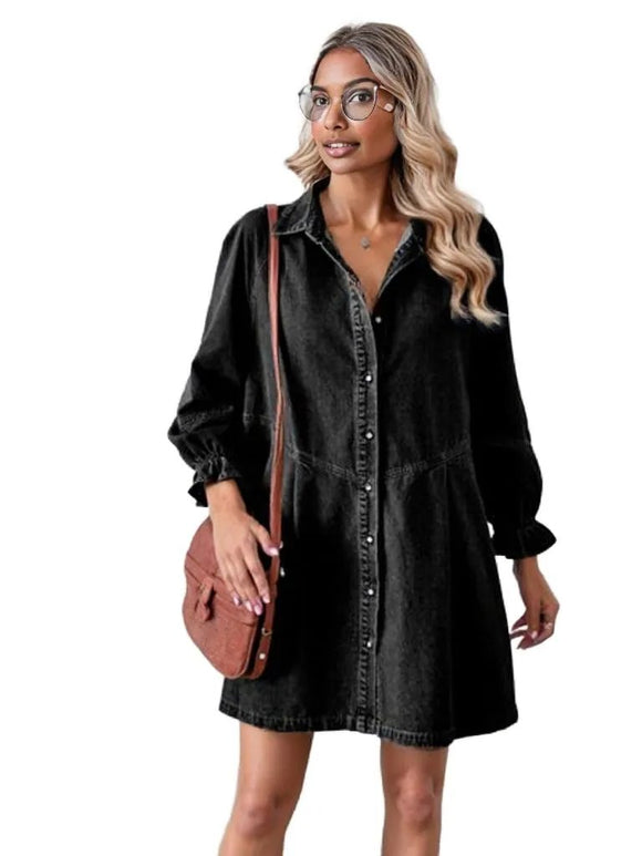 Button Up Flounce Sleeve Mini Denim Dress