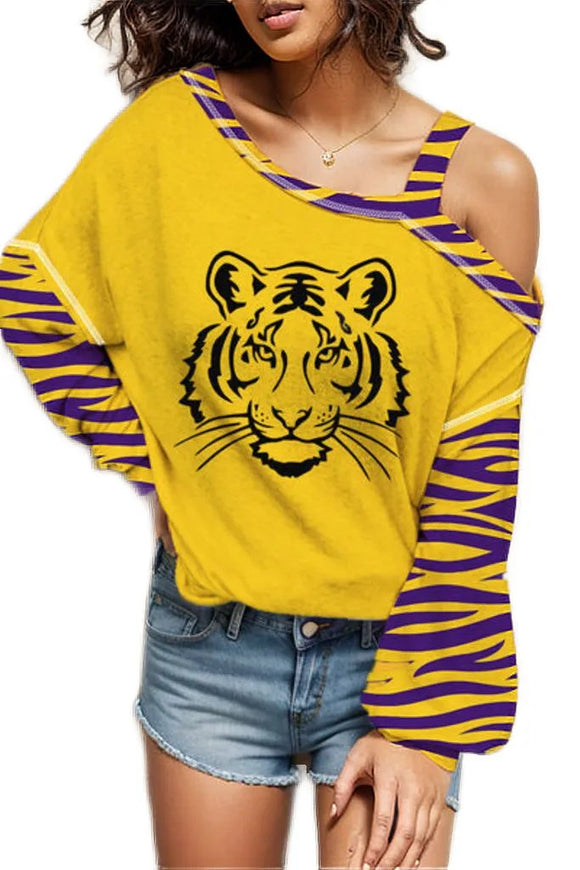 Tiger Graphic Asymmetrical Neck Long Sleeve T-Shirt