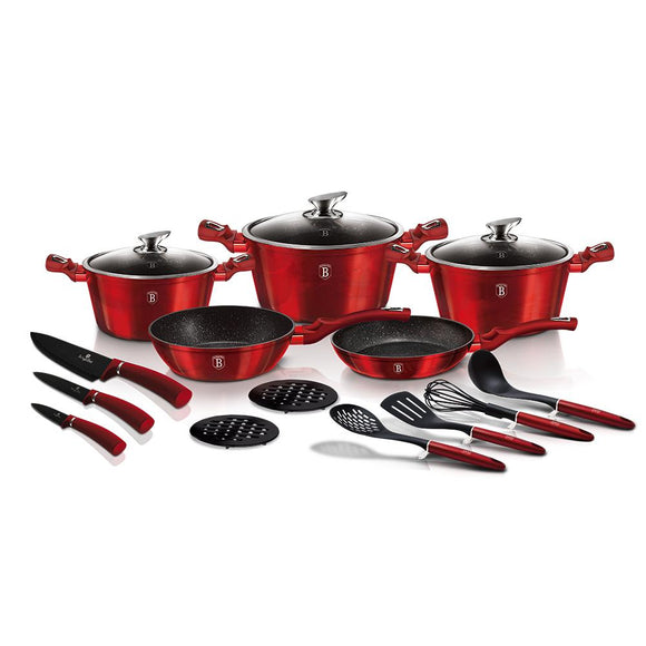 17-Piece Kitchen Cookware Set Burgundy Collection