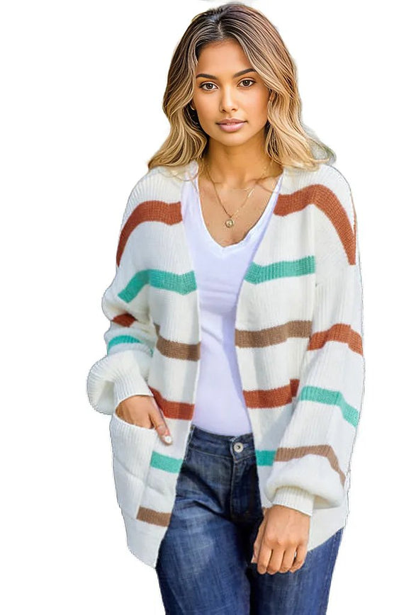 Striped Open Front Dropped Shoulder Cardigan