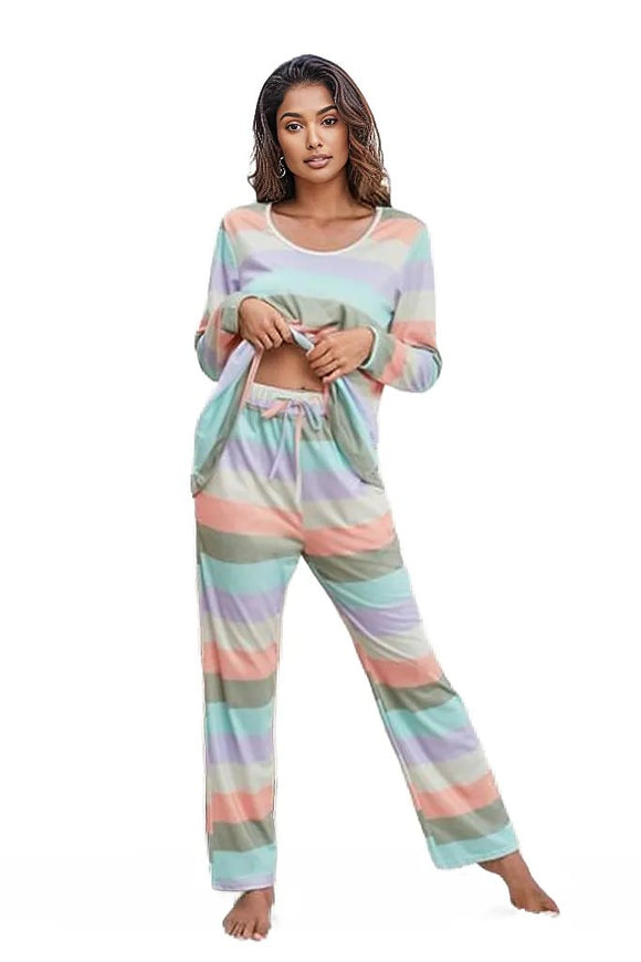 Striped Round Neck Long Sleeve Top and Drawstring Pants Lounge Set