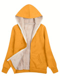 Fuzzy Hooded Jacket, Casual Zip Up Drawstring Long Sleeve Solid Outerwear, Women's Clothing