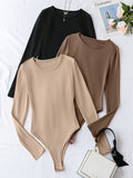 Solid Crew Neck Bodysuit 3 Pack, Casual Long Sleeve One-piece Bodysuit, Women's Clothing