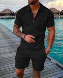 Mens Short Sleeve Casual Polo Shirt and Shorts Sets Two Piece Summer Outfits Zip Polo Tracksuit Set for Men S-XXL