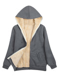 Fuzzy Hooded Jacket, Casual Zip Up Drawstring Long Sleeve Solid Outerwear, Women's Clothing