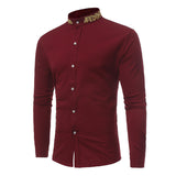 Mens Dress Shirts Gold Embroidery Mandarin Collar Slim Fit Long Sleeve Casual Dress Shirts