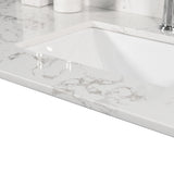 43''x22" bathroom stone vanity top engineered stone carrara white marble color with rectangle undermount ceramic sink and single faucet hole with back splash .