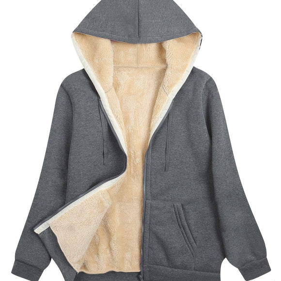 Fuzzy Hooded Jacket, Casual Zip Up Drawstring Long Sleeve Solid Outerwear, Women's Clothing