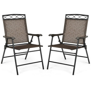 Set of 2 Patio Folding Chairs Sling Portable Dining Chair Set with Armrest