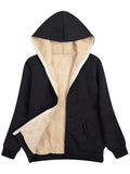 Fuzzy Hooded Jacket, Casual Zip Up Drawstring Long Sleeve Solid Outerwear, Women's Clothing