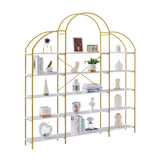 74.8 Inch 5 Tiers Office Bookcase Bookshelf, Display Shelf with Round Top, X Bar Gold Frame