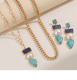 Hip Hop Style Faux Turquoise Pendant Stacked Necklace Set Earrings Ladies Fashion Earrings