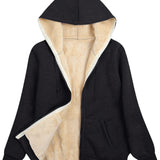 Fuzzy Hooded Jacket, Casual Zip Up Drawstring Long Sleeve Solid Outerwear, Women's Clothing