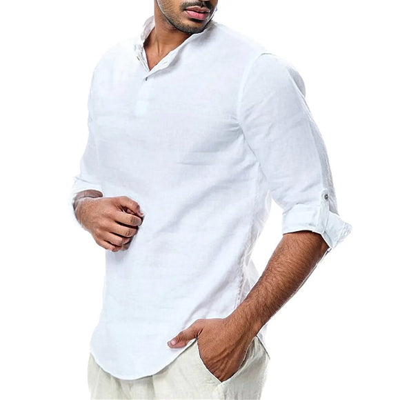 Mens Linen Cotton Henley Shirt Casual Long Sleeve Tops