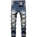 Mens Jeans Zipper Ripped Straight Slim Moto Biker Jeans