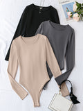 Solid Crew Neck Bodysuit 3 Pack, Casual Long Sleeve One-piece Bodysuit, Women's Clothing