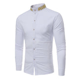 Mens Dress Shirts Gold Embroidery Mandarin Collar Slim Fit Long Sleeve Casual Dress Shirts